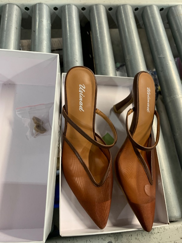 Photo 1 of ***(HEAVILY USED/ MINOR DAMAGE)***USIMAD Women's Brown Mesh Mule Heels with Memory Foam Insole Pointy Toe Arch Support 7