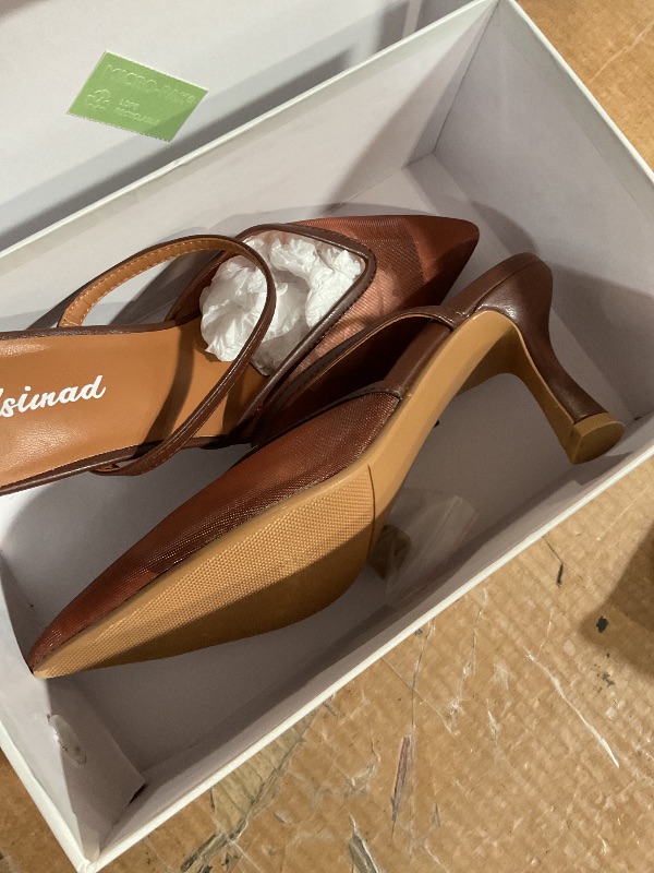 Photo 1 of ***(HEAVILY USED/ MINOR DAMAGE)***USIMAD Women's Brown Mesh Mule Heels with Memory Foam Insole Pointy Toe Arch Support 7
