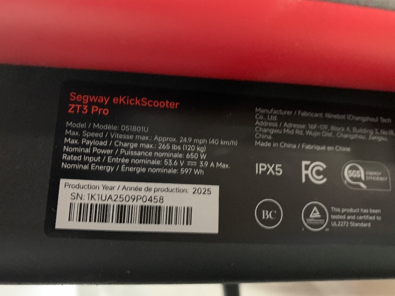 Photo 1 of *FUNCTIONAL WITH EXCEPTION OF BACK WHEEL IS CURRENTLY NOT TURNING.* Segway ZT3 Pro Electric Scooter, Up to 24.9 MPH, 43.5-Mile Range, Dual Suspension, Flash Charge, 1600W Peak Motor, Off-Road Scooter for Adults UL Certified (UL2272/2271)