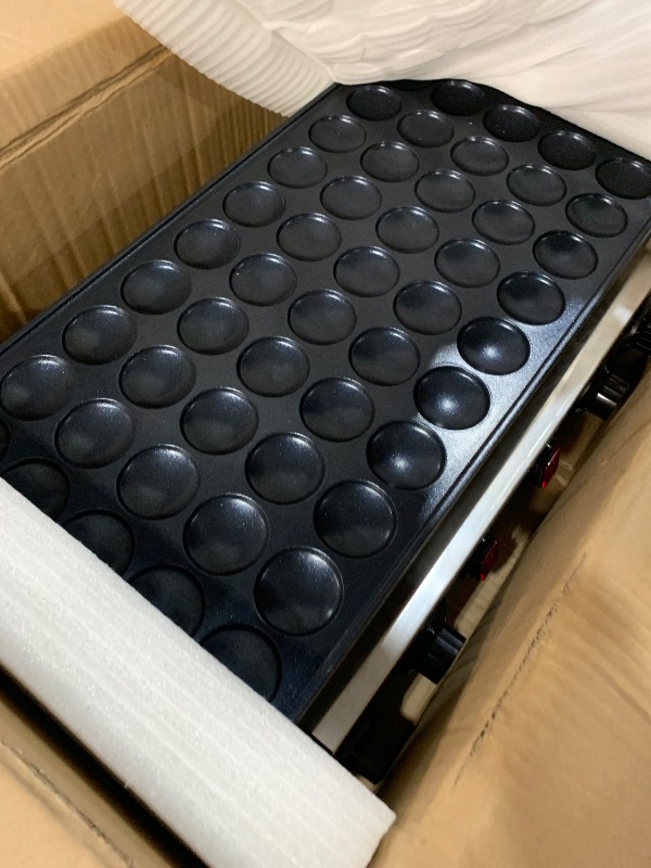 Photo 1 of ***********ONLY 1 SIDE OF IT WORKS***************
KHTD Mini Pancake Maker Machine, 50PCS Electric Nonstick Dutch Pancake Maker 110V 1600W, Commercial Muffin Maker with 2 Thermostats & 2 Timers Separate Control for Home Restaurant (12"D×21"W×7"H)