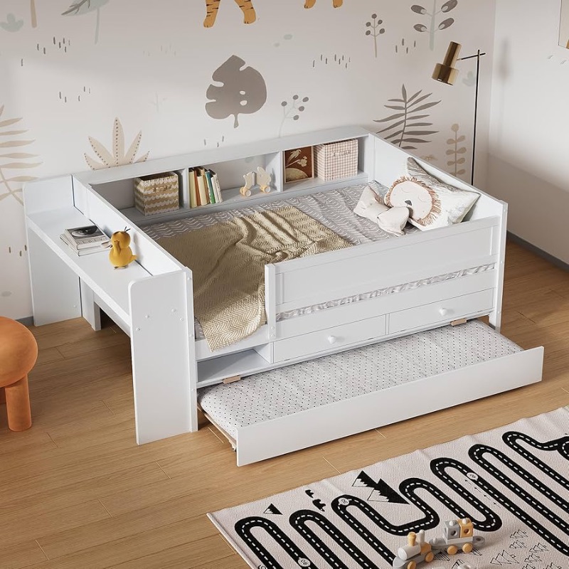 Photo 1 of ***************PARTIAL ITEM, THIS IS ONLY BOX #2 OUT OF A SET OF 2************
Twin Size Daybed with Trundle, Study Desk and Storage Shelves, Pine Wood Captain Bed with Bookshelf Headboard, USB Port and Drawers for Kids Boys Girls, White