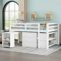 Photo 1 of *** PARTIAL SET, BOX 2 OF 2 ONLY *** Low Study Full Loft Bed w/ Cabinet, Shelves & Rolling Portable Desk, White