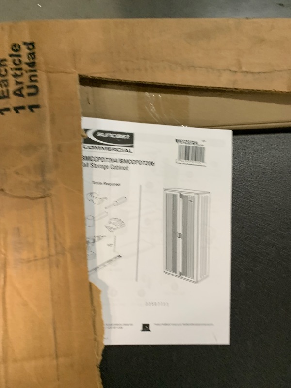 Photo 1 of ***DAMAGED - INCOMPLETE - MISSING HARDWARE - SEE PICTURES***
Suncast 19 Cubic Ft. Heavy-Duty Resin Cabinet with Lockable Handles, Multi-Wall Construction, and Metal-Reinforced Shelves for Basement, Utility Room and Garage Storage, Black, Made in the USA