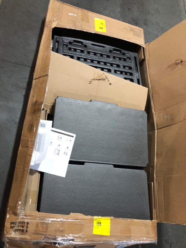 Photo 1 of ***DAMAGED - INCOMPLETE - MISSING HARDWARE - SEE PICTURES***
Suncast 19 Cubic Ft. Heavy-Duty Resin Cabinet with Lockable Handles, Multi-Wall Construction, and Metal-Reinforced Shelves for Basement, Utility Room and Garage Storage, Black, Made in the USA