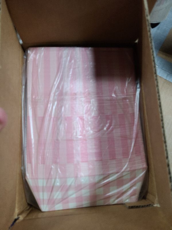 Photo 1 of 100 Pcs Pink Gingham Paper Food Trays, Pre-Folded Light Pink Checkered Disposable Food Boats for Hot Dogs, Fries, Nachos, Snacks, Carnival, Picnic, Baby Shower, Rustic Wedding, BBQ Party Supplies