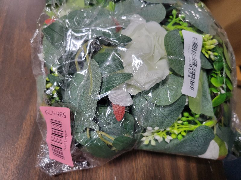 Photo 1 of 2 Pack 13Ft Artificial Spring Eucalyptus Flower Garland with White Roses, Fake Flower Greenery Floral Green Garland Vines for Wedding Arch Table Runner Backdrop Mantle Home Decorations (White)