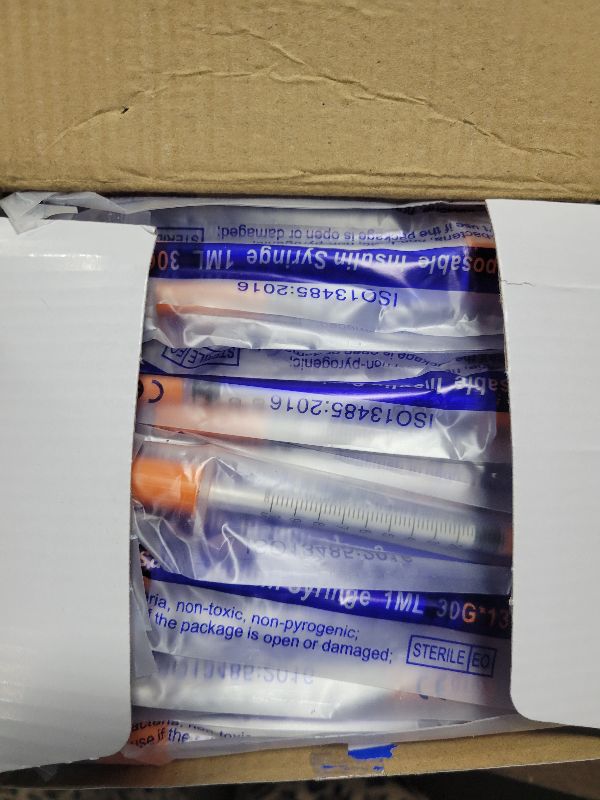 Photo 1 of 1ml/cc Syringe with 30 Gauge 1/2 Inch 13mm Needle Lab Disposable Sample Syringes, 100 Pack