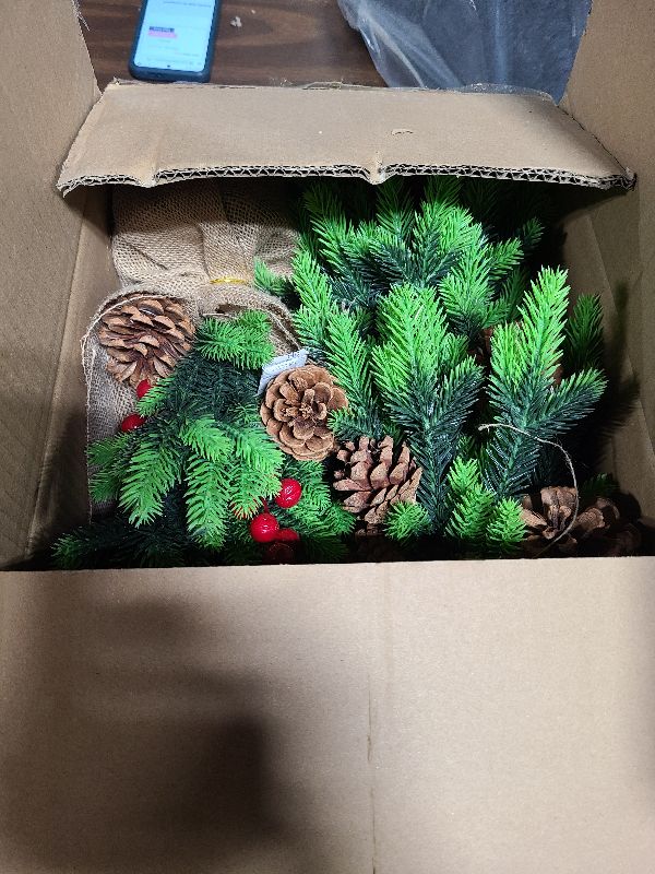 Photo 1 of 2 Pack 24 Inch Tabletop Small Christmas Trees with Lights Timer Realistic-Feel PE Pine 2 Ft Artificial Mini Christmas Tree Battery Operated Red Berries Pinecone Christmas Decoration Indoor Xmas