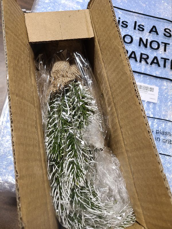Photo 1 of 12" Flocked Artificial Christmas Tree, Snowed Branches, Burlap Base, Tabletop Decor