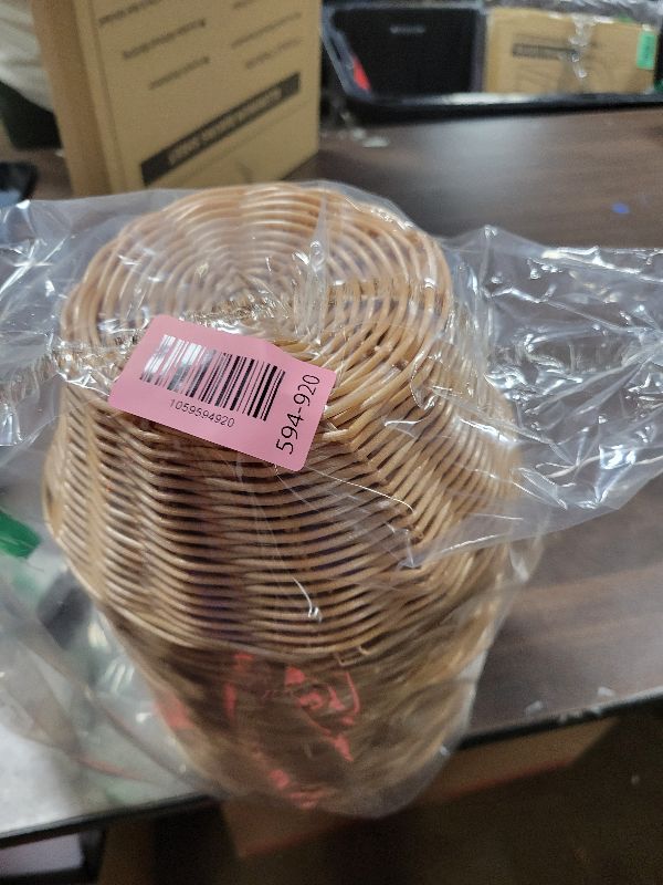Photo 1 of 12 Pcs Round Small Plastic Bread Basket, Wicker Basket for Serving 7x7x3 Inch Woven Food Storage Basket, Fruit Basket, Gift Basket (Comes with Food Blotting Sheets) Brown