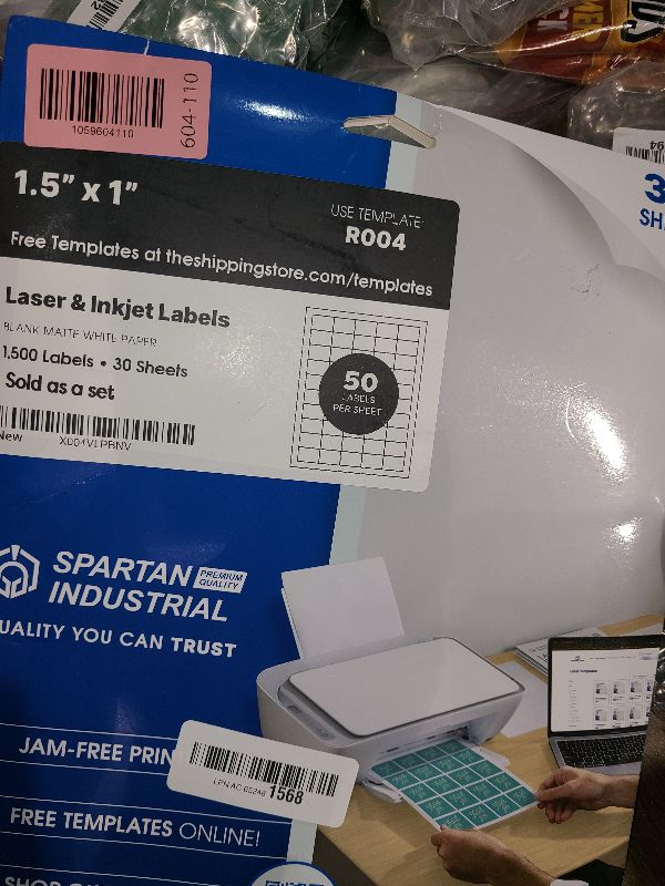 Photo 1 of 1.5" X 1" Matte White Printable Labels for Inkjet and Laser Printers - 500 Sheets, 9000 Custom Stickers for Mailing, Return Address Labels, Price Tags - Spartan Industrial Template R004
