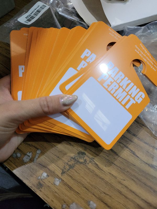 Photo 1 of 100 Pack Parking Permit Hang Tags Plastic Parking Placards PVC Hang Tag 3 x 5 Inch for Car Rear View Mirror (Orange)