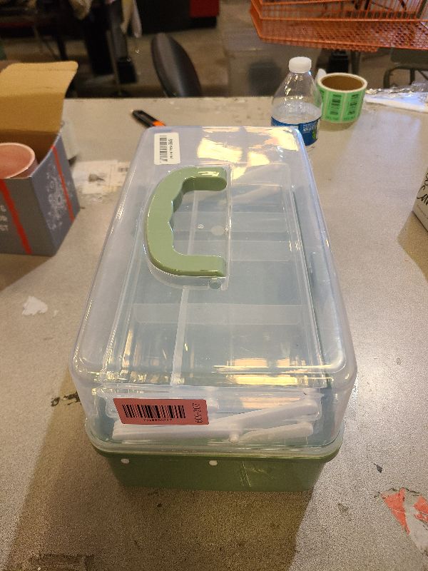 Photo 1 of 12.9in Three-Layer Multipurpose Storage Box with Handle Portable Tackle Box Folding Art & Craft Case Sewing Supplies Organizer for Makeup, Medicine, Nail, Hair Accessories (Haze Green)
