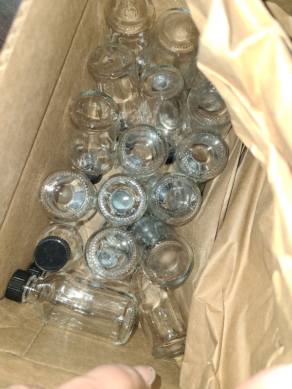 Photo 1 of 18 Pack, 2 oz Small Clear Glass Bottles w/ Lid & 4 Stainless Steel Funnels - 60ml Boston Sample Bottles - Mini Travel Essential or Decorative Bottles for Potion, Juice, Wellness, Ginger Shots, Whiskey