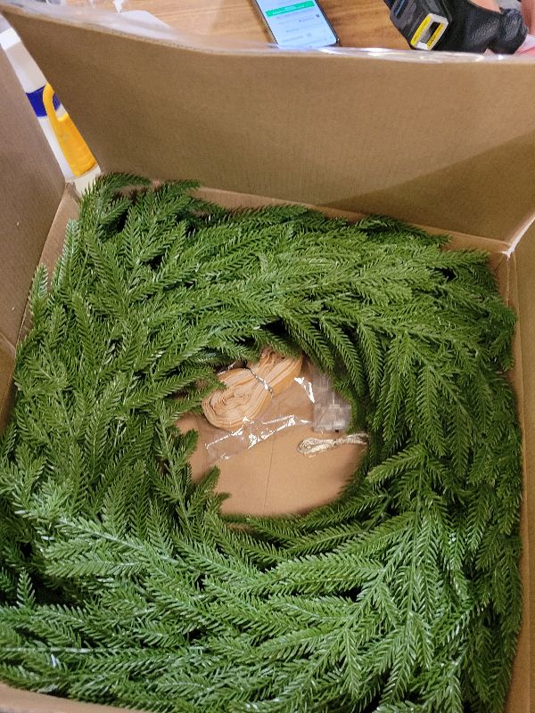 Photo 1 of 24 Inch Real Touch 2 Pcs Norfolk Pine Wreath Christmas Decorations for Front Door, Artificial Plants Green Christmas Wreath with Lights Home Decor, Xmas Decor for Mantel Wall Holiday Winter Decor