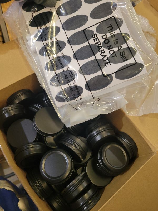 Photo 1 of 200 Pack Metal Tins Aluminum Containers with Lids Screw Top Round Tin Cans for Cosmetic Lip Balm DIY Salves Candles Wax with 5 Markers 10 Sheets Label Stickers (1 oz, Black)