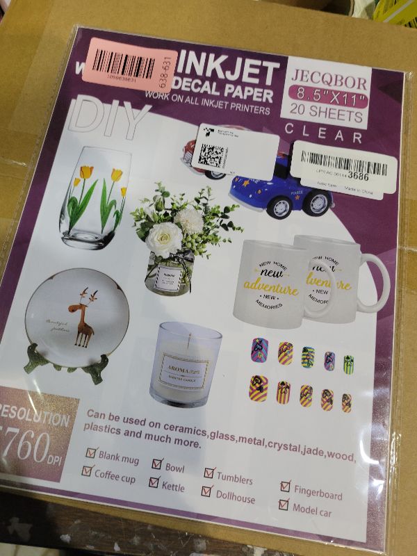 Photo 1 of 20 Sheets Waterslide Decal Paper INKJET CLEAR,8.5X11 Inch Water Slide Transfer Paper Transparent Printable for Tumblers,Ceramics,Plastics,Glasses,DIY