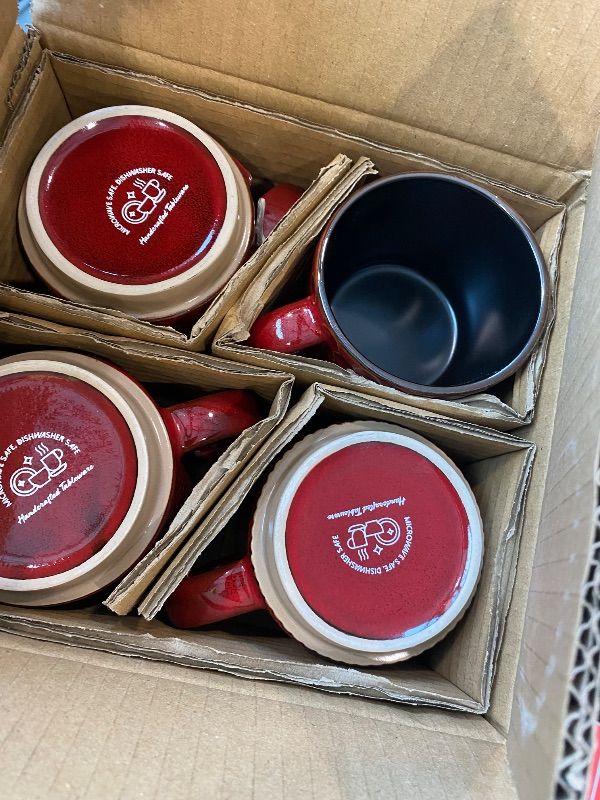 Photo 1 of **MINOR DAMAGE/check clerk comments**
GBhome 12 OZ Stackable Coffee Mugs Set of 4, Ceramic Coffee Cups with Texture Patterns for Man,Woman,Dad,Mom, Modern Mugs Set for Latte/Cappuccino/Cocoa. Dishwasher&Microwave Safe, Red
