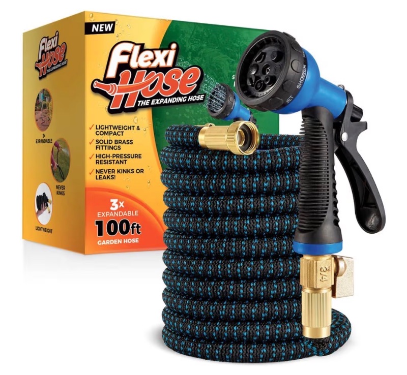 Photo 1 of **MAJOR DAMAGE**
Flexi Hose Expandable Garden Hose with 8 Function Nozzle, 100FT - Lightweight Retractable Garden Hose, Water Hose - No-Kink Flexibility, 3/4 Inch Solid Brass Fittings and Double Latex Core
