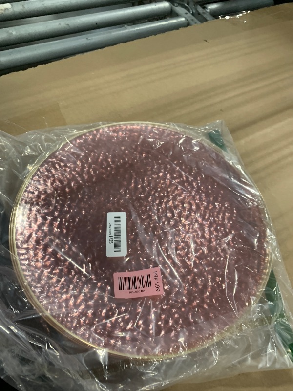 Photo 1 of [Pink Hammered With Gold Rim 4 Pack] 13'' Charger Plates Pink Hammered With Gold Rim Plastic Heavy Duty Disposable Dinner Chargers Serveware Dishes Platters Tableware for parties, Weddings