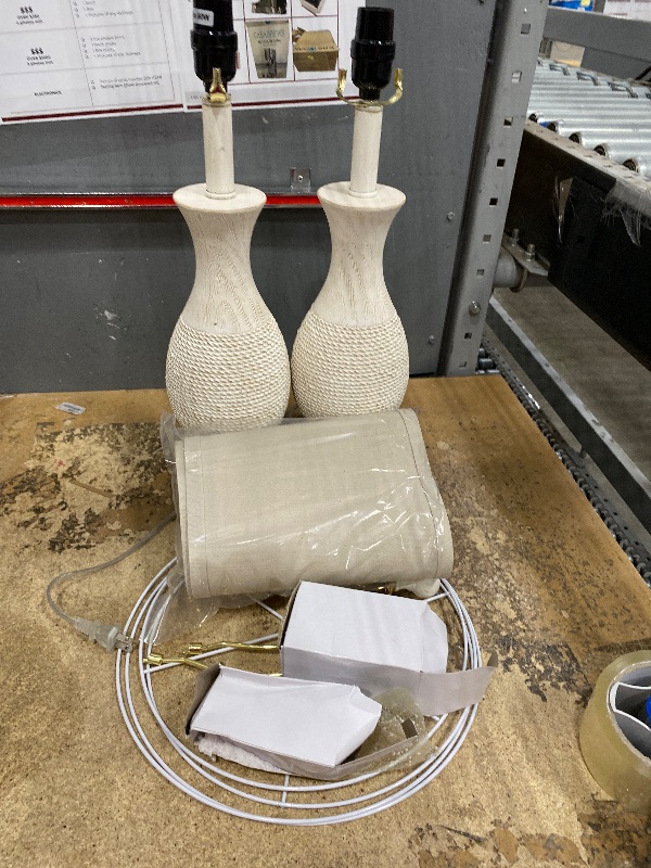 Photo 1 of 28" Rustic Farmhouse Table Lamps for Living Room Set of 2 Bedroom Lamps for Nightstand with USB A+C Charging Ports, 3-Way Dimmable Touch Bedside Lamp, Off-White, Linen Lampshade, LED Bulbs Included