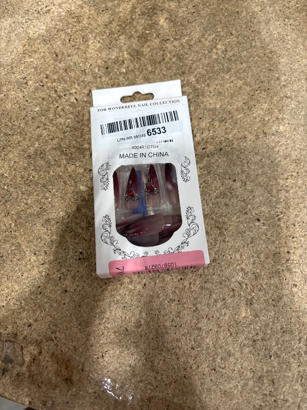 Photo 1 of 24Pcs Halloween Red Press on Nails Stiletto French Tip Fake Nails with Silver Gilding Rhinestones Design Goth False Nails Glossy Gradient Stick on Nails Full Cover Artificial Glue on Nails for Women