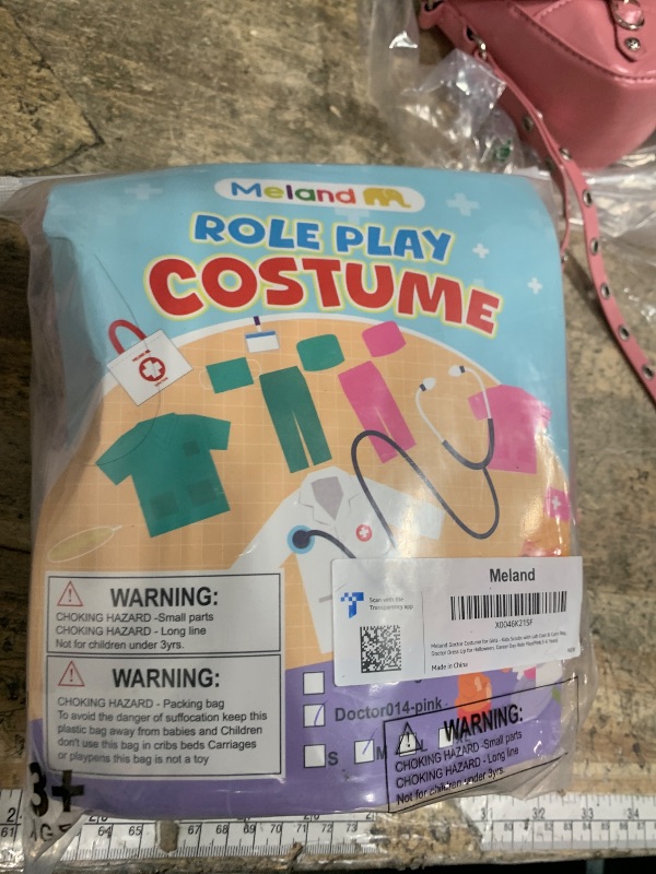 Photo 1 of ***STAINED*** Meland Doctor Costume for Girls - Kids Scrubs with Lab Coat & Carry Bag, Doctor Dress Up for Halloween, Career Day Role Play(Pink,5-6 Years)