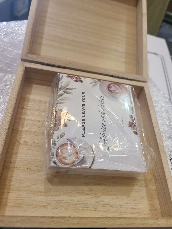 Photo 1 of Anglechic 51 Pcs Wedding Advice and Wishes Cards with Wooden Box for the Mr and Mrs Love Is Brewing Coffee Bridal Shower Decorations Games for Bride and Groom Reception
