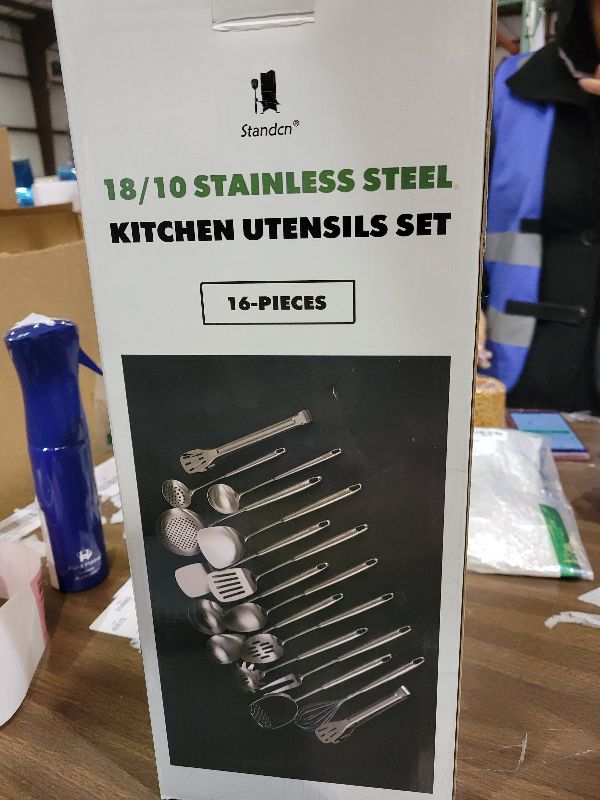 Photo 1 of 18/10 Stainless Steel Cooking Utensils Set - 16 PCS All Metal Serving Utensils, Kitchen Tools - Whisk, Masher, Fork, Tongs, Solid/Slotted Spoon, Spatula, Turner, Ladle, Skimmer, Pasta, Large Spoon Set