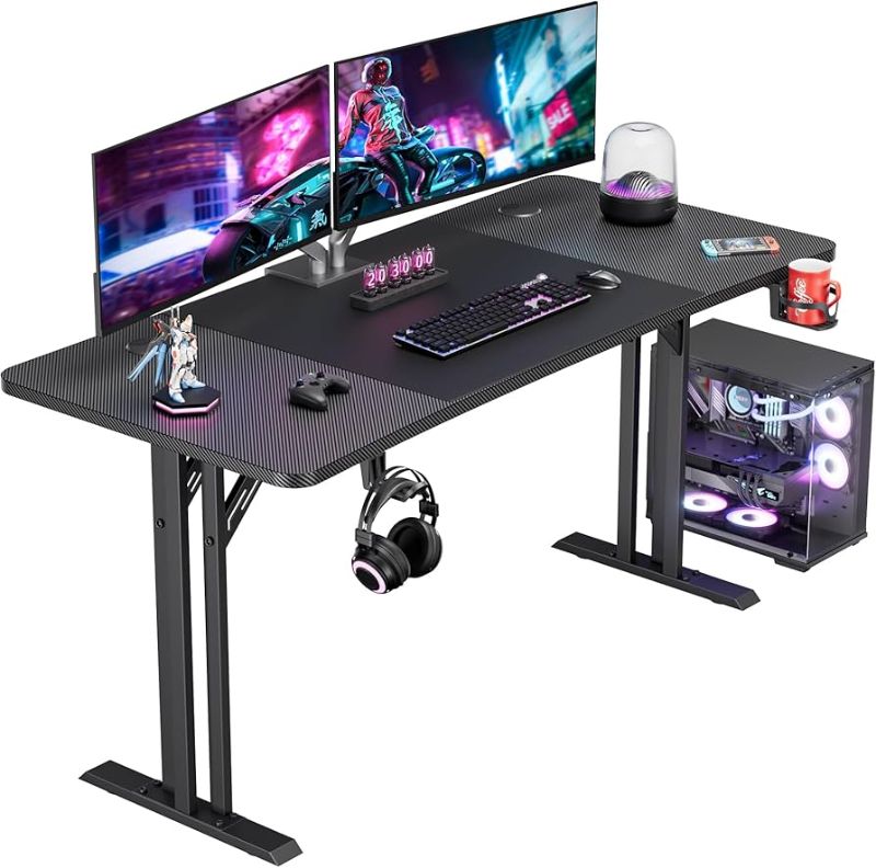 Photo 1 of 
HLONONE Gaming Table, 140 x 70 cm, Ergonomic Computer Desk Made of Carbon Fibre, Robust and Stable Gaming Desk, PC Table with Headphone Hooks and Drink Holder, Black 