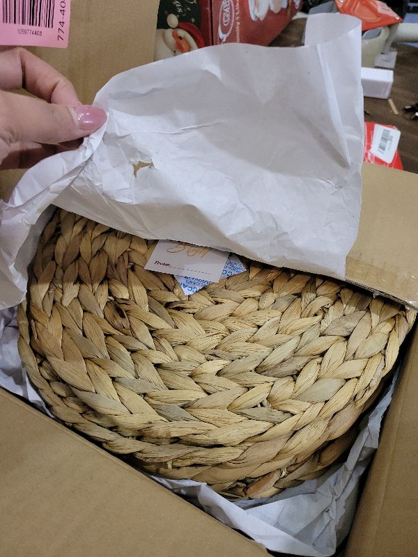 Photo 1 of 12 Inch Round Woven Placemats Set of 6, Herringbone Pattern, Natural Table Mats Braided Heat Proof, Farmhouse Boho Table Place Mat Ourdoor Wicker Chargers for Dinner Plates