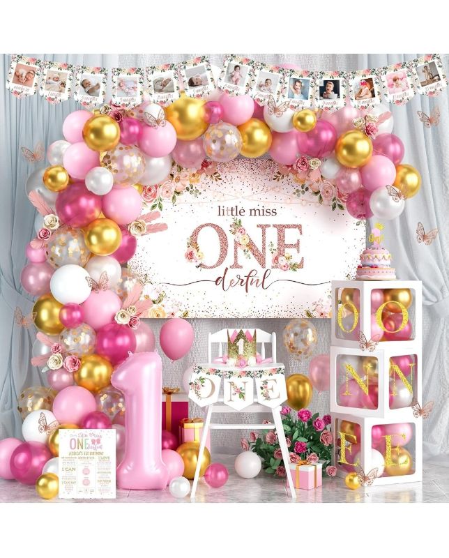 Photo 1 of 1st Birthday Decorations for Girl, Baby Girl First Birthday Supplies, Little Miss Onederful 1st Party Decorations, One Year Old Theme Party Supplies