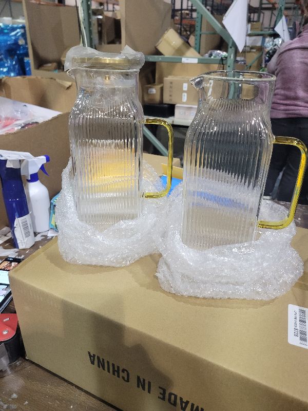 Photo 1 of 2 Pack 2 Liter/68 oz Square Glass Pitcher with Lid, Classic Stripes Water Pitchers with Handle for Fridge, Large Jug for Iced Tea, Coffee, Borosilicate Glass Carafe for Hot/Cold Brew Drink, Gold