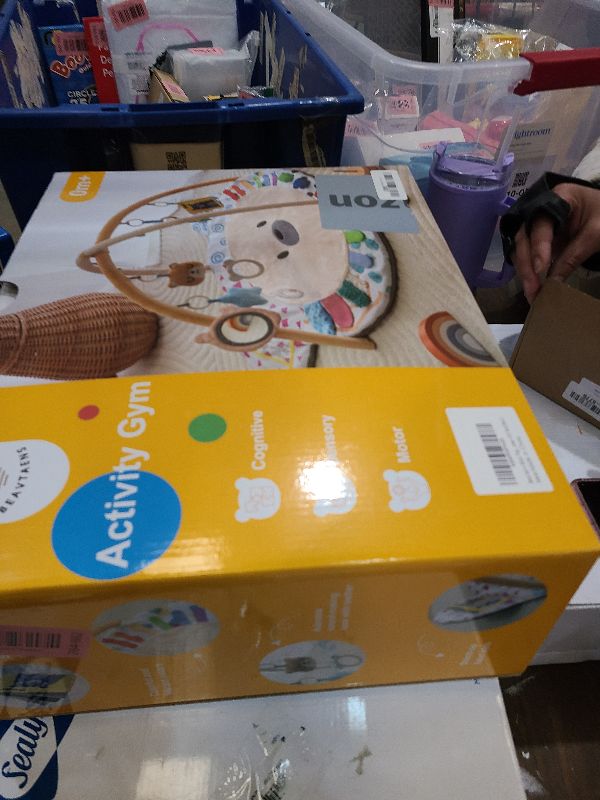 Photo 1 of Beavtaens Baby Play Gym, Thickened and Non Slip Activity Mat, 5 Developmental Zones Tummy Time Mat with 5 Detachable Sensory Toys for Motor Skills, Baby Essentials Shower Gift Box(Bear)