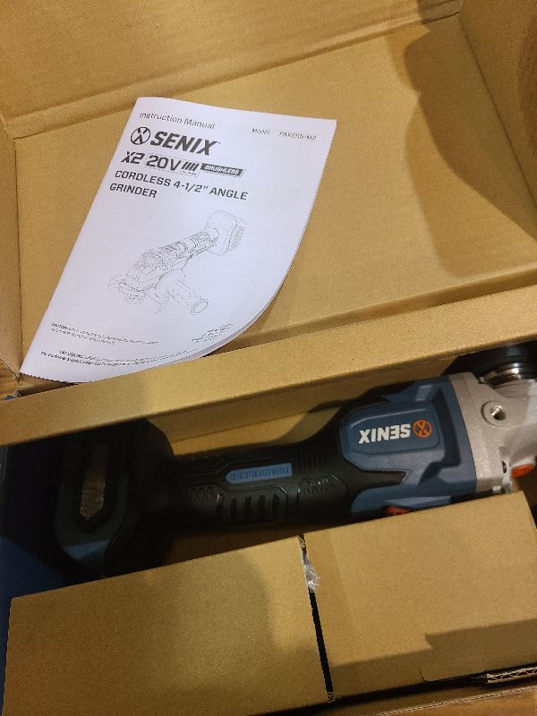 Photo 1 of SENIX PAX2115-M2-0 X2 20 Volt Max* 4-1/2-Inch Brushless Angle Grinder Tool, 8500 RPM Max, 3-Position Auxiliary Handle, Spring-Loaded Safety Slide Switch, Tool Only, Battery Not Included