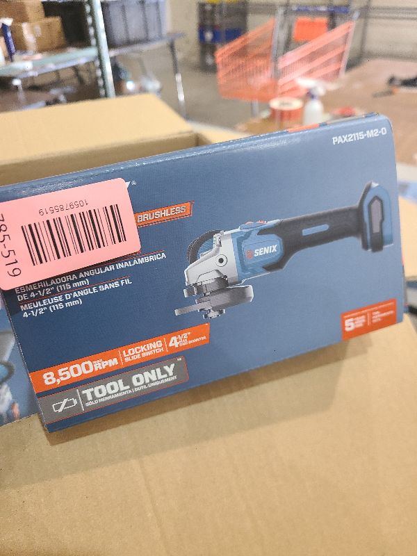 Photo 1 of SENIX PAX2115-M2-0 X2 20 Volt Max* 4-1/2-Inch Brushless Angle Grinder Tool, 8500 RPM Max, 3-Position Auxiliary Handle, Spring-Loaded Safety Slide Switch, Tool Only, Battery Not Included