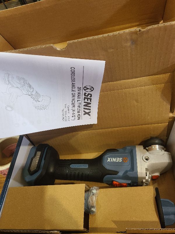Photo 1 of SENIX PAX2115-M2-0 X2 20 Volt Max* 4-1/2-Inch Brushless Angle Grinder Tool, 8500 RPM Max, 3-Position Auxiliary Handle, Spring-Loaded Safety Slide Switch, Tool Only, Battery Not Included