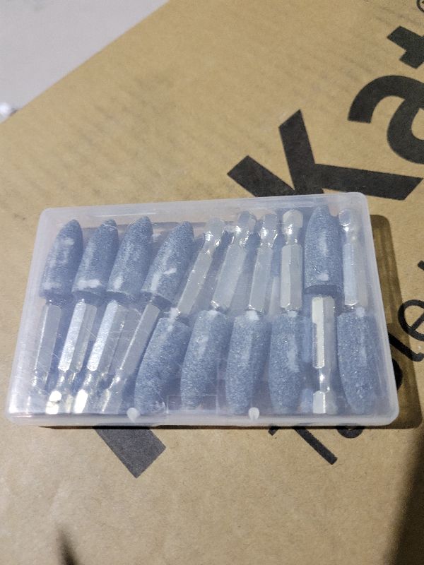 Photo 1 of ??????? 10 Pcs 10 mm Cone Shape Mounted Grinding Stones - 1/4" Hex Shank Aluminum Oxide Sharpening Bits for Drill Rotary Tools