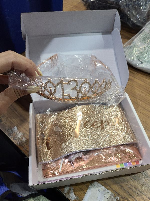 Photo 1 of 13th Birthday Decorations for Girls, Including 13th Happy Birthday Cake Toppers, Queen Sash with Pearl Pin, Sweet Rhinestone Tiara Crown, Number Candles and Balloons Set, Rose Gold