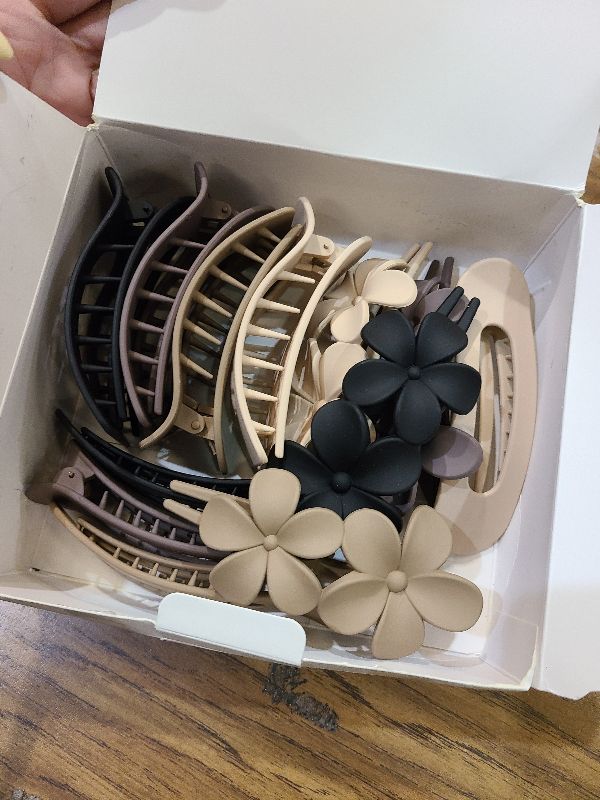 Photo 1 of 12 Pack Flat Hair Clips for Women – Matte Neutral Square Claw Clips, Flat Barrettes & Flower Pins in Black, Blonde,Light Brown & Dark Brown, Soft Touch Hair Accessories for Thick & Thin Hair