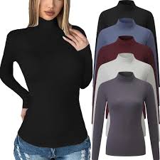 Photo 1 of  Chongbaijia 4 Pack Womens Long Sleeve Tops Mock Turtleneck Basic T Shirt Fall Stretch Tight Fitted Thermal Shirts Small 