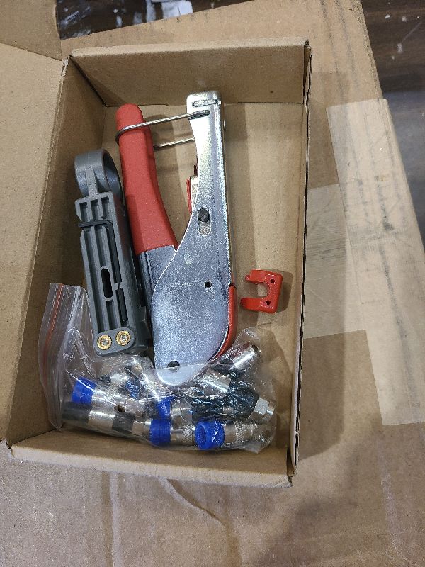 Photo 1 of 10Pcs F Type RG6 Compression Connectors Coaxial Cable Crimper Kit with Wire Stripper Repair Tool Compatible with RG59, RG6, RG11 Compatible Adjustable Tool for Satellite TV, Home Use