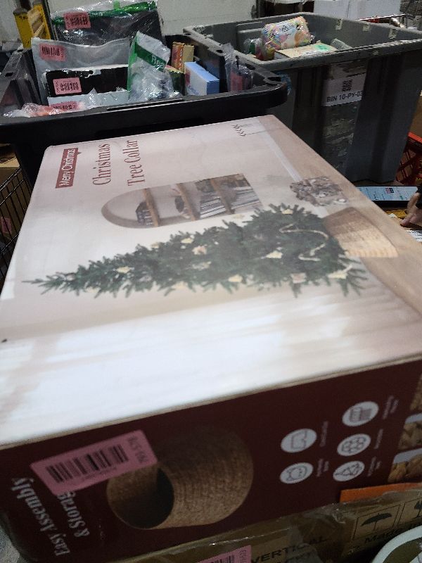 Photo 1 of 28in Christmas Tree Collar - Woven Hyacinth Tree Collars for Artificial Trees - Rattan Rustic Farmhouse Basket for Tree Base Cover with Cord Cut-Out for 6ft 7.5ft Tree (Brown)