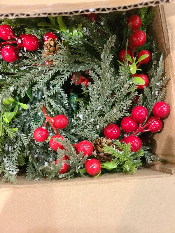 Photo 1 of [Snowy] 6 Pcs 9" Christmas Candle Rings Wreaths, Real Touch Cedar Wreath with Cypress Snowy Pinecones & Red Berry Christmas Candle Ring Holder Mini Wreath for Home Kitchen Table Centerpiece Decor