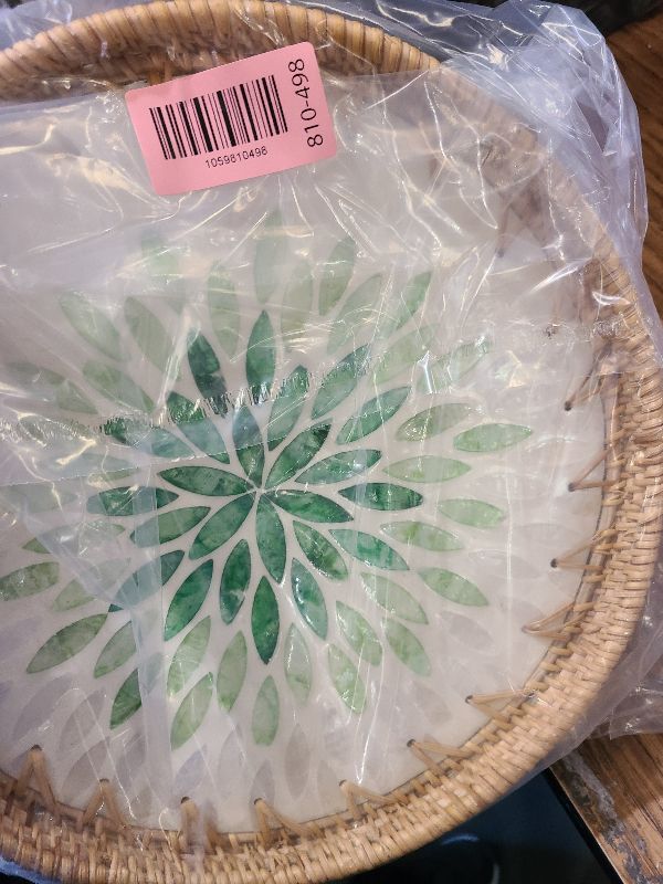 Photo 1 of 11.8 inch Round Rattan Serving Tray with Mother of Pearl Inlay Wicker Platter Coffee Tray for Coffee Table Decor Coastal Boho Kitchen Storage Display Decorative Basket Food Tray Handmade Wall Decor