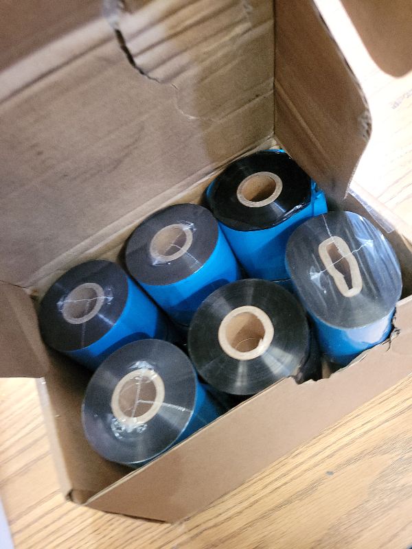 Photo 1 of 12 Rolls 2.52'' x 1476' Premium Resin Enhanced Wax Ribbon, 64mm x 450m Black Thermal Transfer Ribbon, Barcode Thermal Label Printer Ribbon, CSO-Ink Outside, 1'' Core for Zebra, TSC, GoDex, Citizen