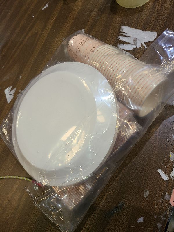 Photo 1 of 175PCS Happy Birthday Plates and Napkins Party Supplies, Paper Pink and Rose Gold Plastic Forks Knives Spoons Serve 25 Guests for Girl Women