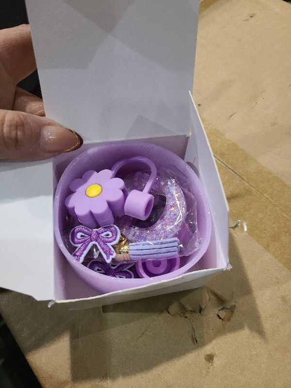 Photo 1 of 15PCS Cup Accessories Set for Stanley Cup 30oz 40oz Tumbler with Handle, Including Silicone Straw Cover and Boot, Spill Proof Stopper, Stanley Charms, Handle Charm, Initials Sticker (Letter D, Purple)
