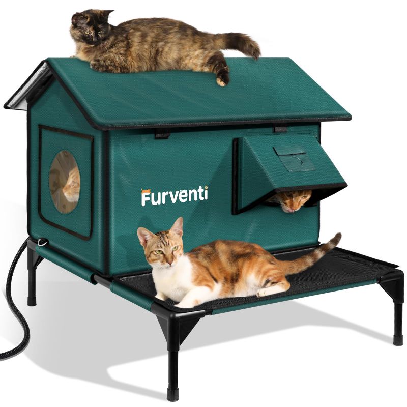 Photo 1 of ***FACTORY SEALED***Heated Cat House for Outside,More Platform Space,Extremely Weatherproof & Insulated in Winter,Elevated Outdoor Cat Shelter with Eaves & Escape Door for Barn Feral Stray Cat(Dark Green,Large)