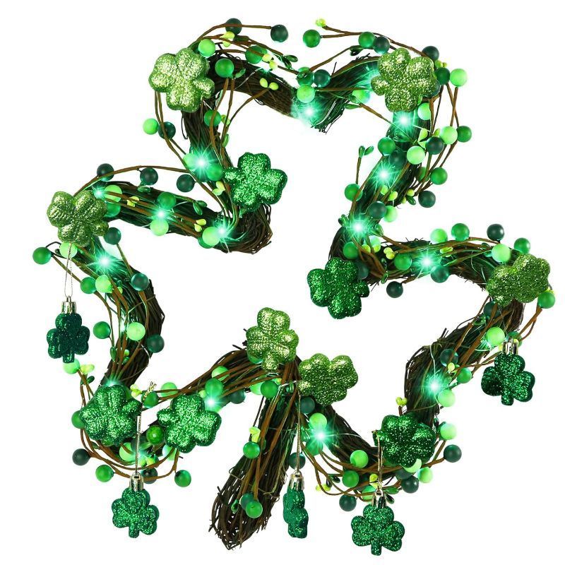 Photo 1 of ***FACTORY SEALED*** St. Patricks Day Wreath Decorations,Shamrocks Wreath for Front Door,Green Glitter Leaves Wreath, St. Patrick's Day Decor for Spring Outdoor Home Wall Window